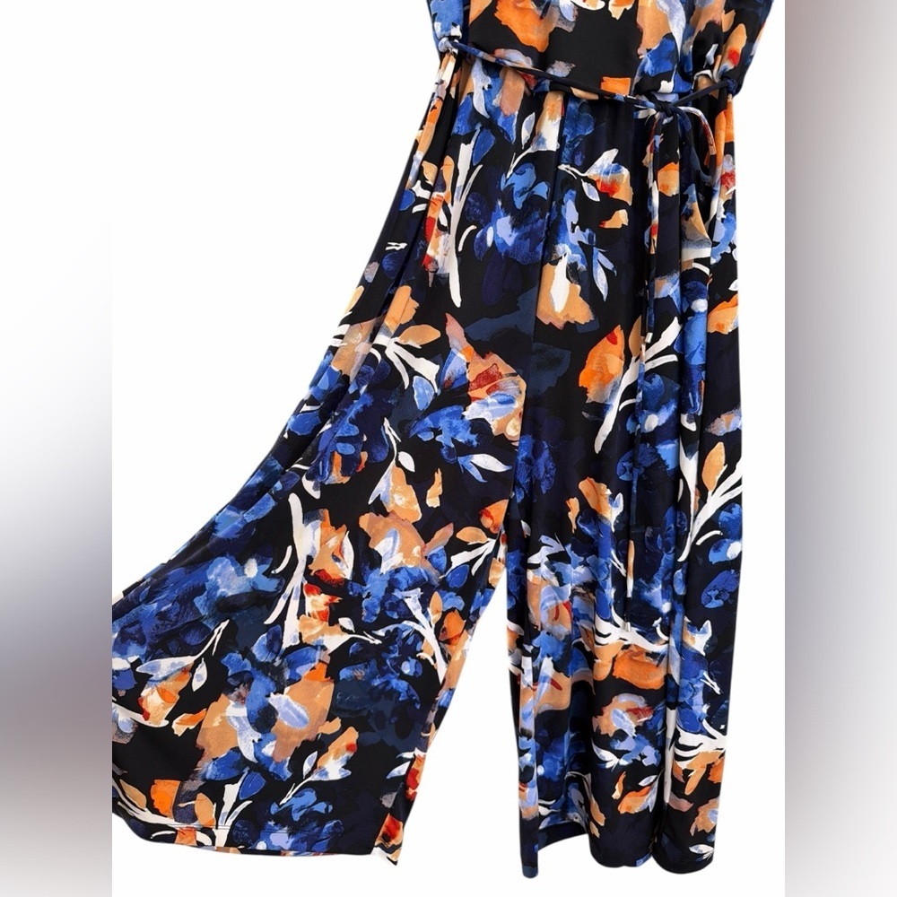 Tahari Vibrant Blue and Orange Floral Wide Pants Maxi Jumpsuit - Picture 3 of 6